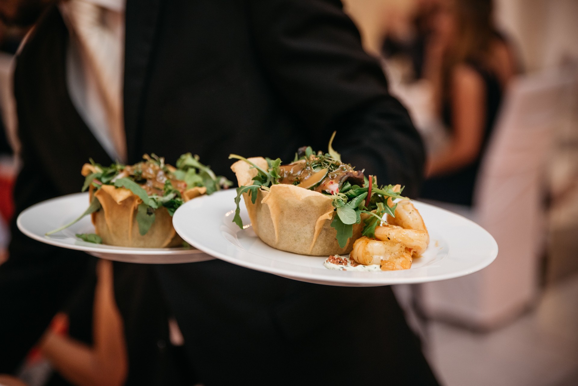 Elegant Shrimp Appetizers In Pastry Cups With Fresh Microgreens At Luxury Event